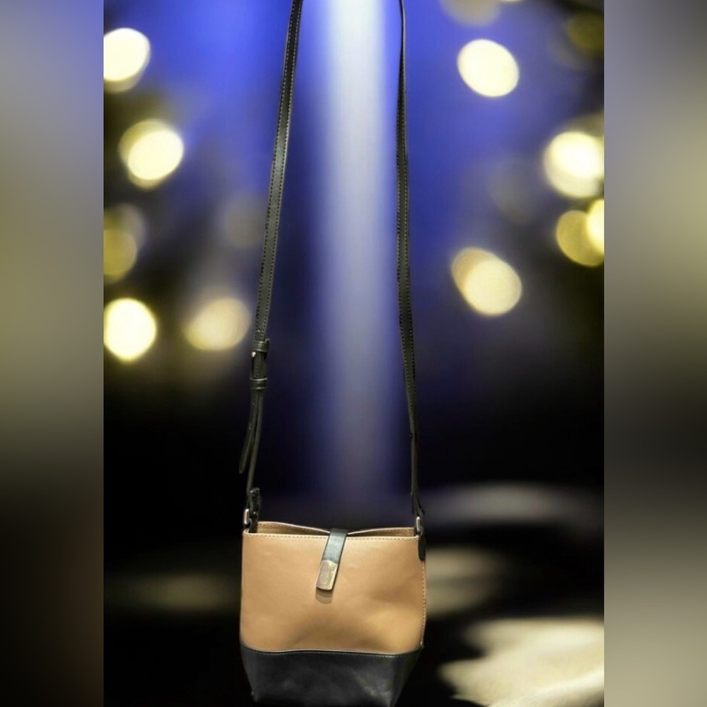 Elegant Tan and Black Crossbody Bag 7x8in with a 22in strap